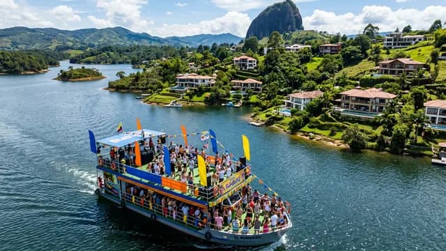 Touristenboot auf dem Guatapé-Stausee mit La Piedra del Peñol im Hintergrund