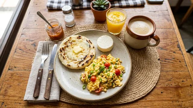Traditionelles kolumbianisches Paisa-Frühstück mit Arepa, Eiern, Kaffee und Saft