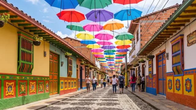 Bunte Regenschirme über der gepflasterten Straße in Guatapé